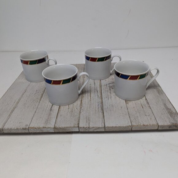 Vintage Pier 1 CELEBRATION Flat Coffee Tea Cups Porcelain Gold Trim Set of 4 - Picture 1 of 8